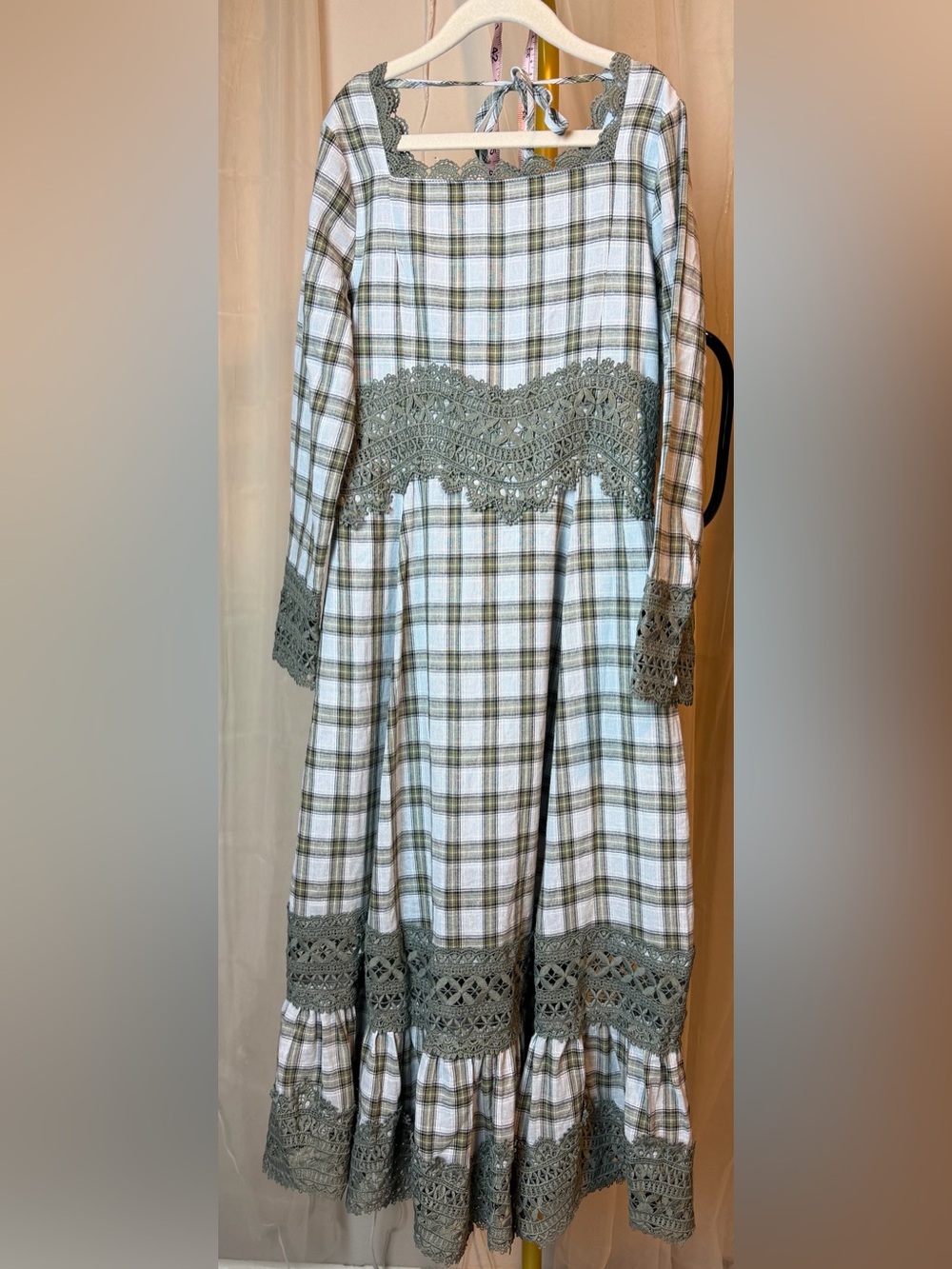 Joyfolie White and Olive Plaid Crochet-Trim Midi Dress